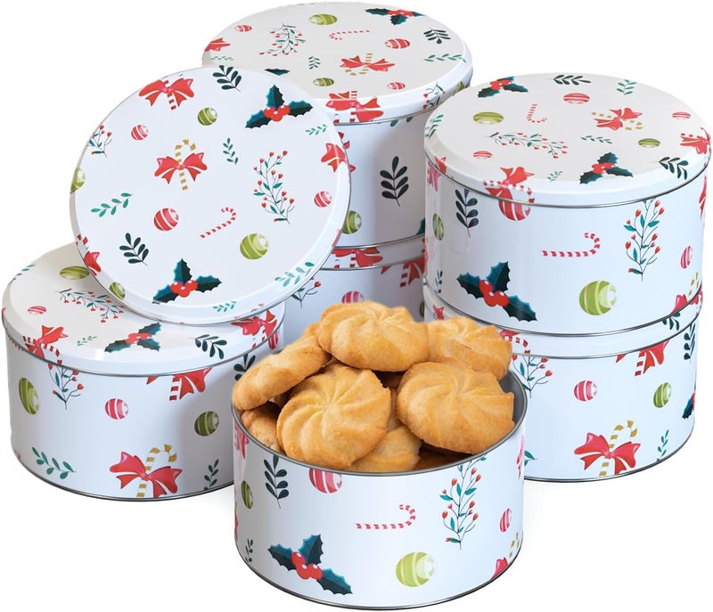 TangFee Chiristmas ornament Style Cookie Tin, 6Packs Metal Round Cookies Containers, Tin with Lid for Xmas, Multicolor 16.5 * 16.5 * 8.5Cm - Image 1